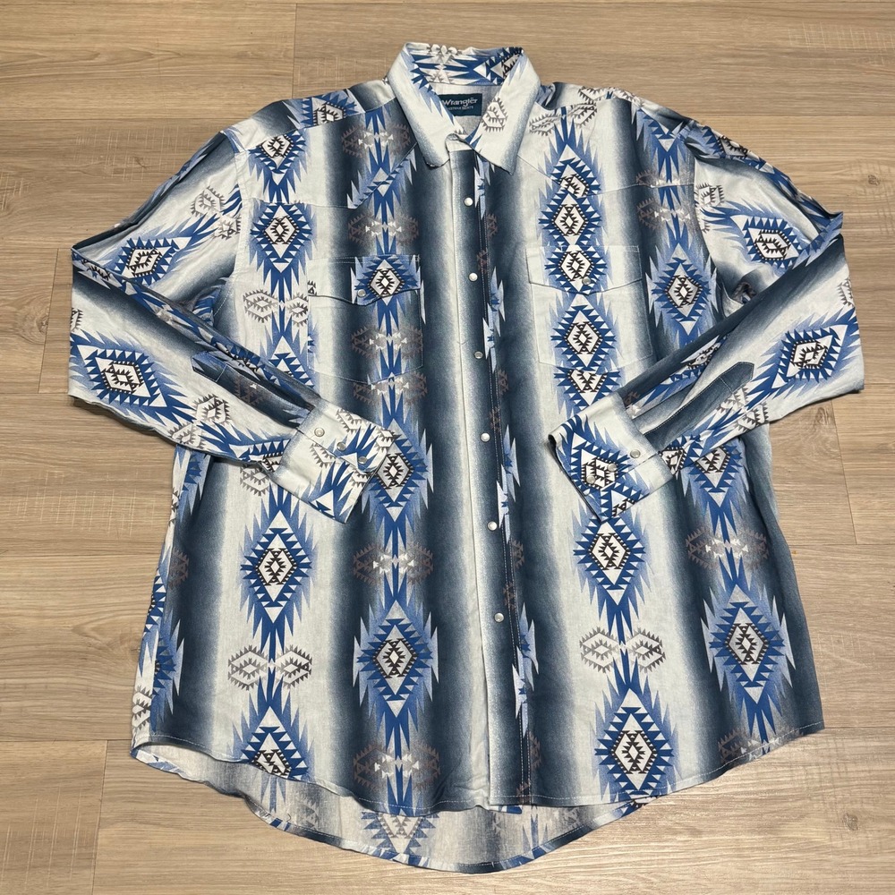 Wrangler Western Shirt Mens XL Aztec Southwestern Pearl Snap Cowboy Rodeo Blue